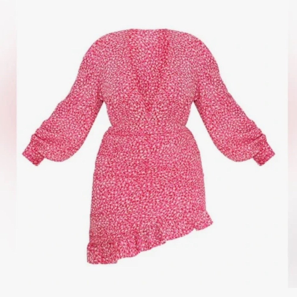 PrettyLittleThing Plus Pink Leopard Ruched Plunge Front Dress Size 14
